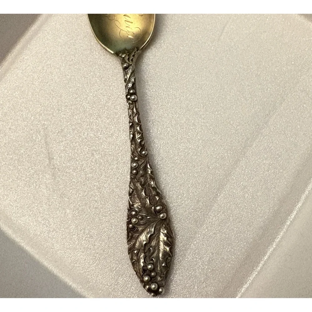 VTG Sterling Silver Spoon Carthage MO Souvenir Gold Wash Holly Leaves Berries